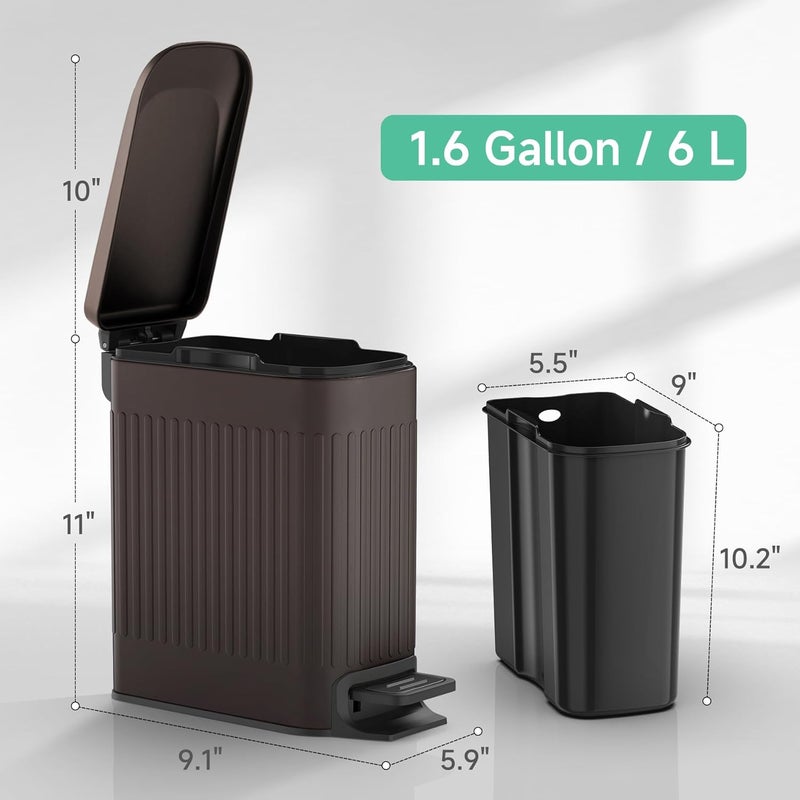 TIPGO Slim Bathroom Trash Can with Lid Soft Close, Step Pedal, 6 Liter / 1.6 Gallon Stainless Steel Trash Bin, Small Garbage Cans for Bedroom, Office, Kitchen (Brown) - Image 4